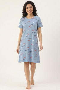 Zivame Farm Lore Knit Cotton Knee Length Nightdress - Ashley Blue — thumbnail 1